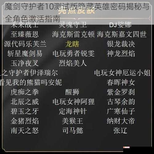 魔剑守护者10测试版隐藏英雄密码揭秘与全角色激活指南